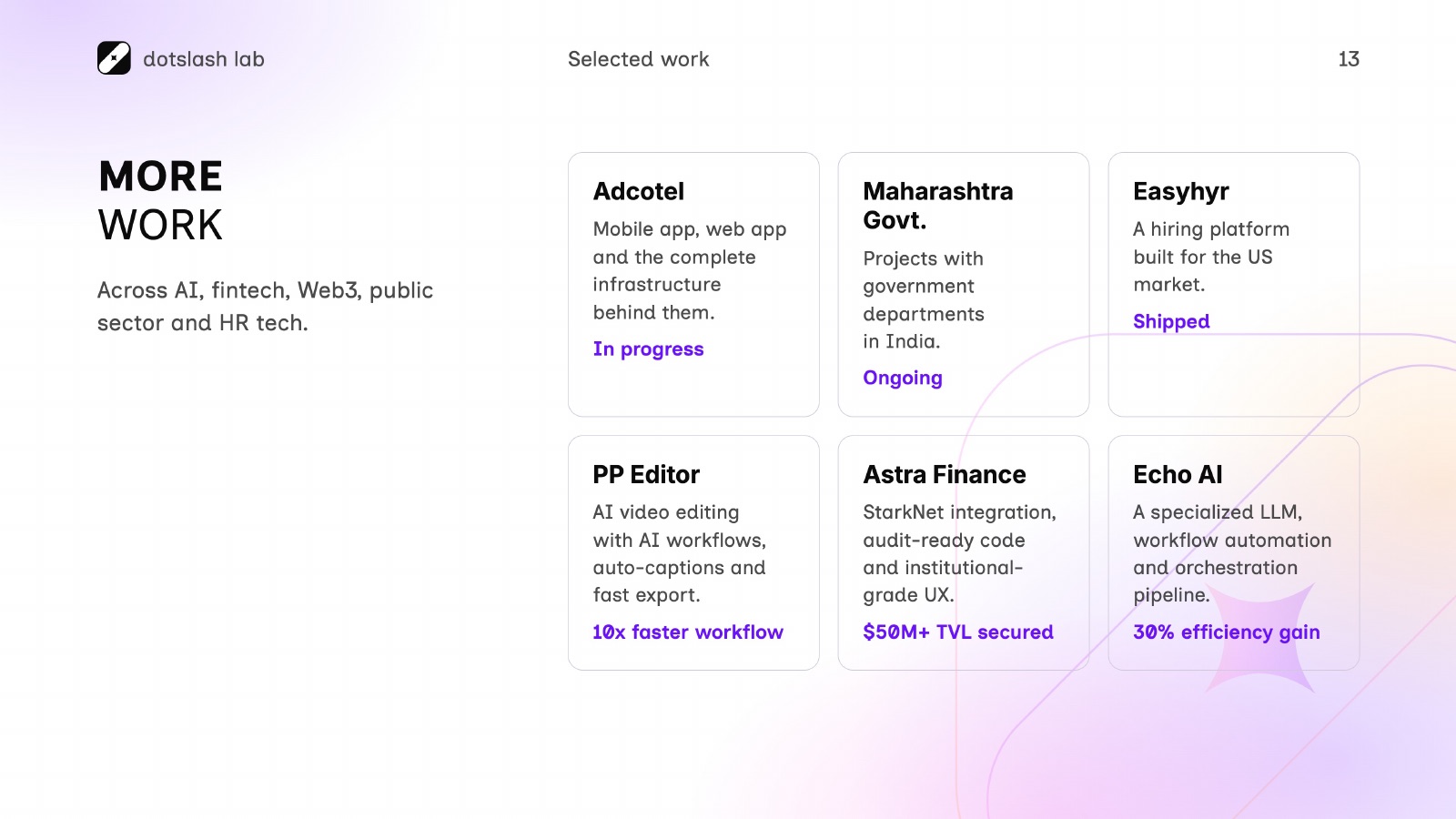 DotSlashLab pitch deck — slide 13 of 16
